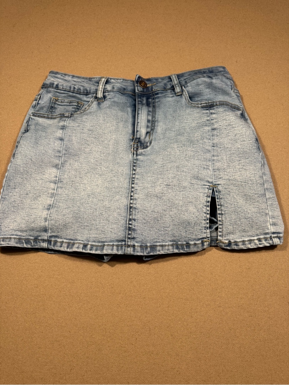 Light Wash Denim Mini Skirt with Front Slit shorts underneath